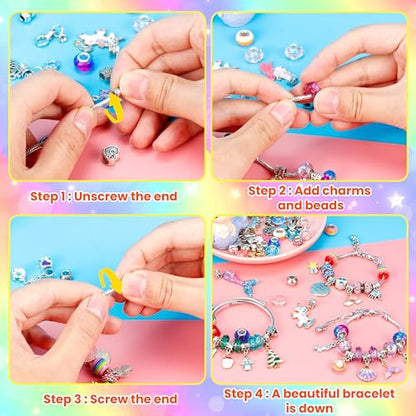 BYMORE 200 Pieces DIY Charm Bracelet Making Kit Crafts Jewelry Beads for Girls Age 8-12 Unicorn & Mermaid Gifts for 5 6 7 8 9 10 11 12 Year Old