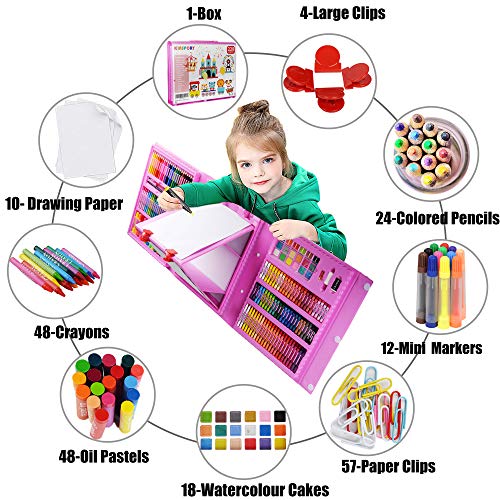 KINSPORY Art Supplies, 228 Pack Art Sets Crafts Drawing Coloring kit, Double-Side Trifold Easel, Oil Pastels, Crayons, Colored Pencils, Creative Gift KINSPORY