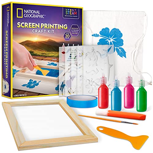 NATIONAL GEOGRAPHIC Kids Screen Printing Kit - Arts and Crafts Silk Screen Printing Kit with Fabric Paint, Frame, Stencils & Squeegee Plus Drawstring - WoodArtSupply