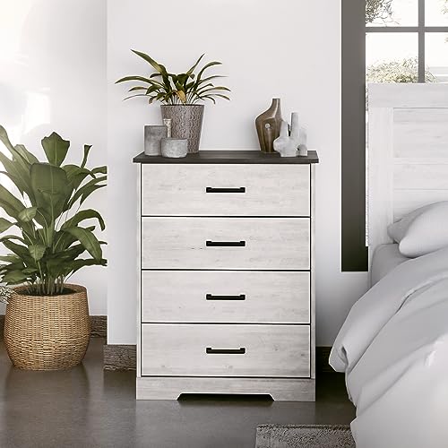 Prepac Rustic Ridge Farmhouse Chest, Wooden Bedroom Dresser with 4 Storage Drawers, 18.25in x 27.5in x 35.5in, Washed White - WoodArtSupply