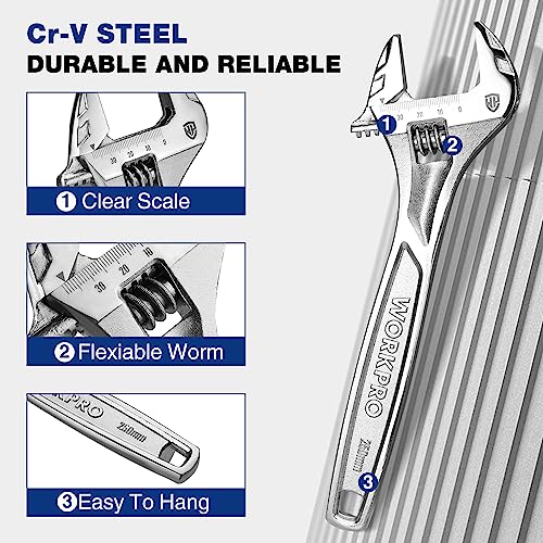 WORKPRO 10" Adjustable Wrench, Heavy Duty Spanner with Inch/Metric Scale, Premium Cr-V Steel, Chrome Plated - WoodArtSupply