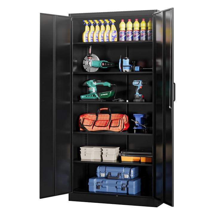 AFAIF Metal Garage Cabinets, 72" Tall Locking Storage Cabinets with 2 Doors and 5 Adjustable Shelves, Steel Utility Tool Cabinet, Black Lockable