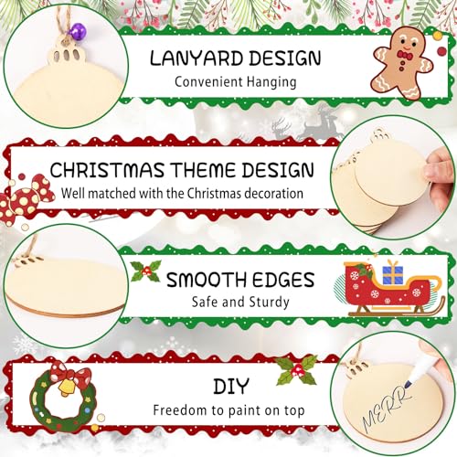 50pcs Christmas Round Wooden Ornaments DIY Unfinished Wood Slices Predrilled Wood Round Circles Blank Discs Hanging Festive Craft Decoration DECYOOL