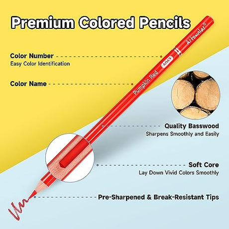 Artownlar Premium 72 Colored Pencils with Coloring Books Set, Artist Soft Core Vibrant Colors, Blending Shading Drawing Sketching Art Supplies, Oil Artownlar
