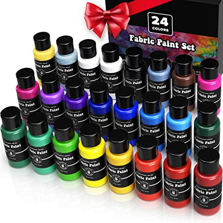 Permanent Fabric Paint for Clothes 24 Colors Bulk Kit for Upholstery Outdoor Cushions Shoe Paint Decorating Medium Acrylic Set Metallic Gold, White, HIPPIE CRAFTER