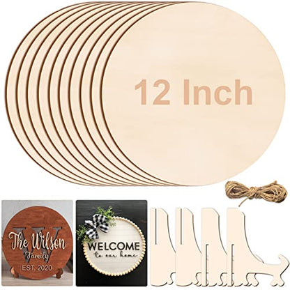 12 Inch Wood Circles for Crafts, 10Pcs Unfinished Wood Crafts with Holders, DIY Wood Rounds for Cricut Projects, Door Hanger, Wood Burning, Painting,
