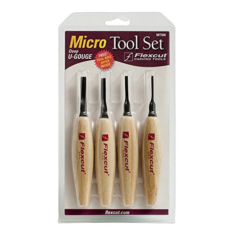 FLEXCUT Carving Tools, Deep U-Gouge Micro Tool Set, Razor Sharp High Carbon Steel Blades, Set of 4 (MT500) FLEXCUT