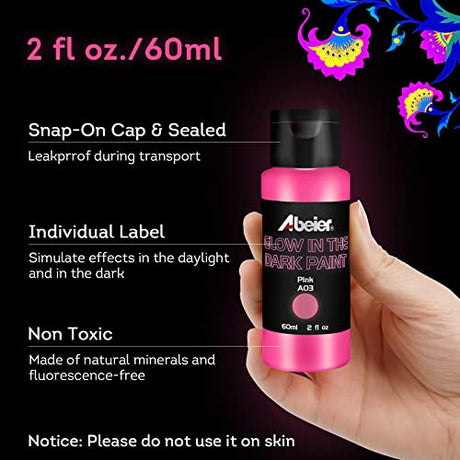 ABEIER Glow in the Dark Acrylic Paint, 10 Bright Colors (60ml/2oz) blacklight Paint, Neon Craft Paint, Long Lasting Glow Fluorescent Paint Ideal for ABEIER