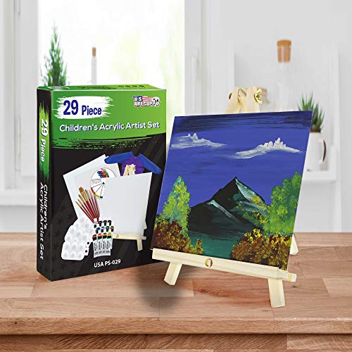 U.S. Art Supply 29-Piece Children's Acrylic Paint Artist Set with 12 Paint Colors, 7 Brushes, 12" Easel, 4 Canvas Panels, 3 Painting Palettes, Color - WoodArtSupply