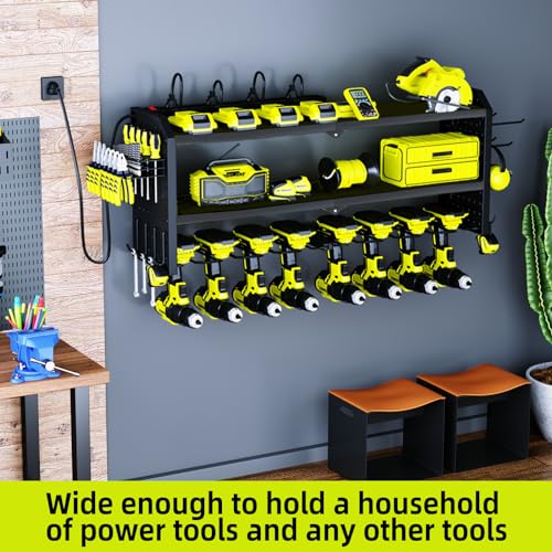 KAFAHOM Power Tool Organizer with Charging Station, Built in 8 Outlet Power Strip,Large 8 Drill Holder Wall Mount, Heavy Duty Metal Power Tool KAFAHOM