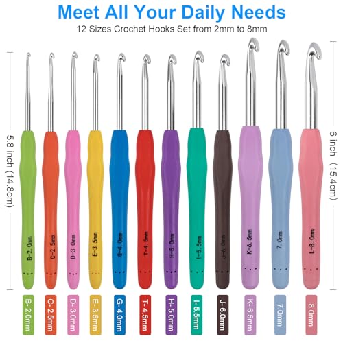 MECHEER Crochet Hooks 12 Sizes Crochet Hook Set, 51 Pack Yarn Crochet Kit for Beginners, Knitting Needles with Ergonomic Handles for Arthritic Hands, MECHEER