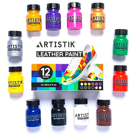 Leather Paint Set with Brushes - 12 x 30ml Acrylic Paints Leather Dye Set for Shoes Bags Boots Sneakers Jackets Car Seat Leather ARTISTIK