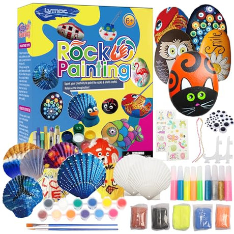 Lymoc Rock Painting Kit,Seashell Painting Kit,50 Pcs Arts and Crafts Activities Kits Gift for Kids Ages 6-12+, with 21 Paints Creative Art Toys for Lymoc