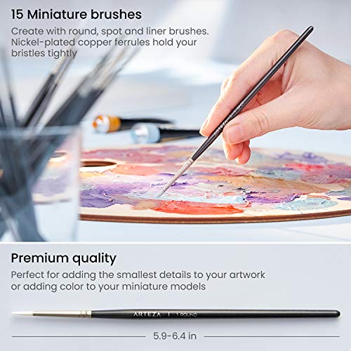 Arteza Metallic Acrylic Painting Art Set, 12 Colors Acrylic Paint, 15 Detail Brushes and 7x8.6 Inches Foldable Canvas Paper Pad Bundle, Art Supplies