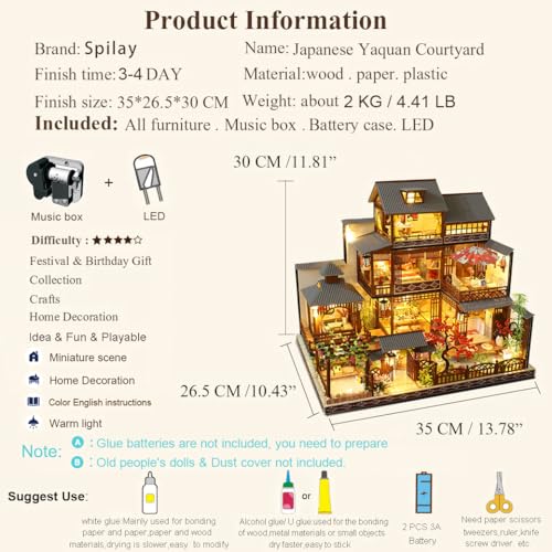 Spilay DIY Dollhouse Miniature with Wooden Furniture,DIY Dollhouse Kit Big Japanese Courtyard Model with LED & Music Box,1:24 Scale Creative Room