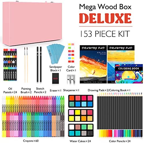 Caliart Pink Art Supplies, 153-Pack Deluxe Wooden Art Set Crafts Drawing Painting Coloring Supplies Kit with 2 A4 Sketch Pads, Halloween Creative Caliart