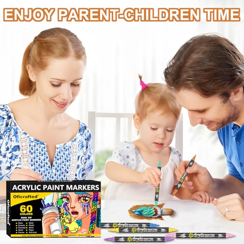 Oficrafted 60 Colors Dual Tip Acrylic Paint Pens Markers, Premium Acrylic Paint Markers with Brush and Fine Tip, Acrylic Paint Pens for Rock Oficrafted