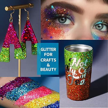 LEOBRO Glitter, Chunky Glitter, 18 Jars Glitter, Mixed Fine Chunky Glitter for Crafts, Craft Glitter for Resin, Holographic Iridescent Glitter Bulk, LEOBRO
