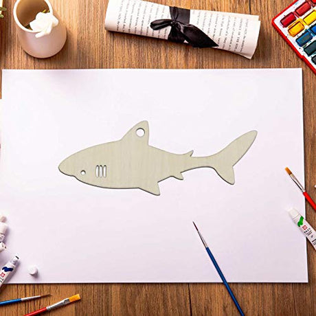 JANOU 20pcs Shark Shape Unfinished Wood Cutouts DIY Crafts Blank Hanging Gift Tags Ornaments with Ropes for Summer Ocean Sea Theme Party Decoration, JANOU