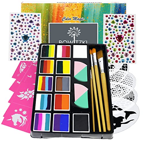 Bowitzki Professional Face Painting Kit For Kids Adults12 x 10gm Face Paint Set Stencil One Stroke Split Cakes Palette Non Toxic Rainbow Flora Bowitzki
