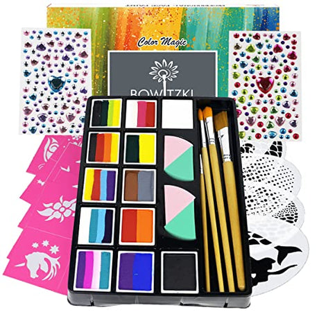 Bowitzki Professional Face Painting Kit For Kids Adults12 x 10gm Face Paint Set Stencil One Stroke Split Cakes Palette Non Toxic Rainbow Flora Bowitzki