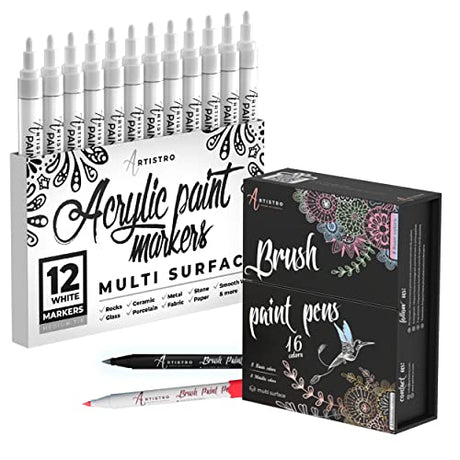 ARTISTRO 12 Acrylic White Paint Markers Medium Tip and 16 Acrylic Paint Pens Brush Tip, Bundle for Artists, Amateur Hobbyists and Painting Lovers… ARTISTRO