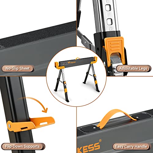 WORKESS Saw Horses 2 Pack Folding, 2600 Lbs Load Capacity & 24-32 Inch Adjustable Height Heavy Duty Sawhorse Table with 2x4 Support Arms, Portable WORKESS