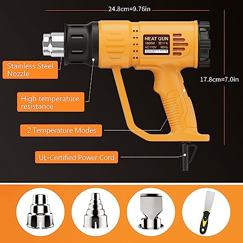 Heat Gun, TGK® HG5100 Dual Temperature Hot air Gun, High And Low Temperature Settings 1112℉/662℉ with Overload Protection, 4 Nozzle Attachments for