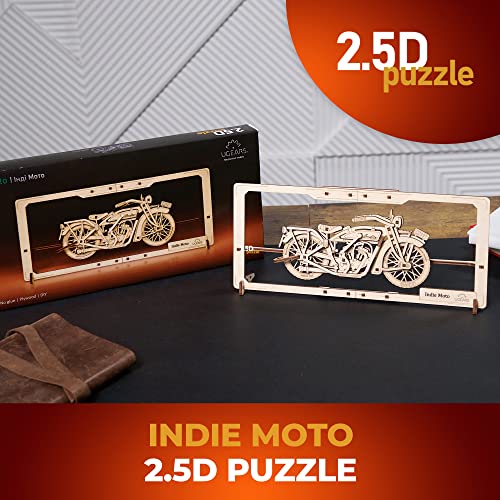 UGEARS Indie Moto 2.5D Puzzle - Wooden Motorcycle Model Kits for Adults with Moving Handlebar, Wheels, Footrest and Seat - DIY 2.5D Motorcycle Puzzle UGEARS
