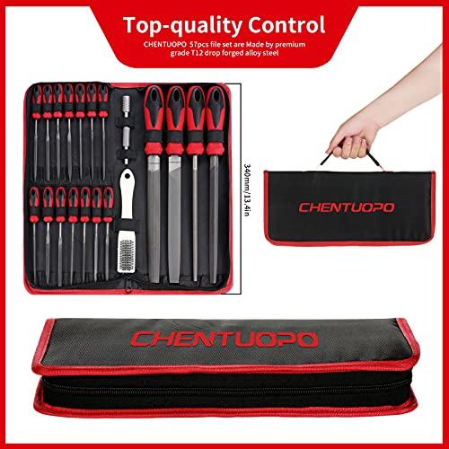 57Pcs Metal & Wood File Rasp Set,Grade T12 Forged Alloy Steel, Half-round/Round/Triangle/Flat 4pcs Large Tools, 14pcs Needle Files and a pair of CHENTUOPO