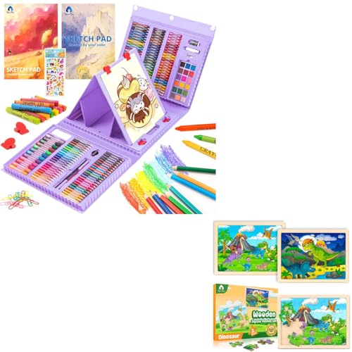 240 Piece Art Set & 2 Pack Wooden Dinosaur Puzzles for Kids VigorFun