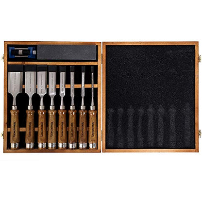 IMOTECHOM 10-Pieces Woodworking Wood Chisel Set with Wooden Box, Honing Guide, Sharpening Stone, Razor Sharp CR-V 60 Steel Blades - WoodArtSupply