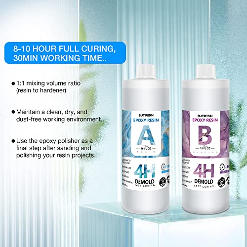 Epoxy Resin 32oz, 4 Hours Demold, 8-10 Hours Fast Curing Epoxy Resin Kit, Food Safe & Low Odor, Bubble Free, High Hardness for Casting, Coating, Art, ButiResin