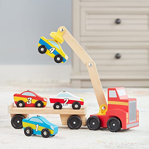 Melissa & Doug Magnetic Car Loader Wooden Toy Set With 4 Cars and 1 Semi-Trailer Truck - Crane Wooden Toy, Vehicle Toys For Kids Ages 3+ Melissa & Doug