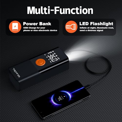 Teffim Portable Tire Inflator - Car Air Compressor with Digital Pressure Gauge - 150 PSI - Motorcycle, Electric Bike, and Bicycle Pump with LED Light Teffim