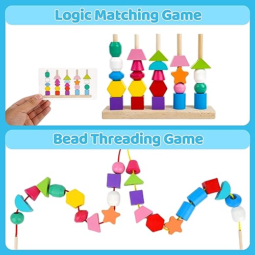 Montessori Toys for 2 3 4 Year Old Kid Boy Girl Toddler, Montessori Wooden Beads Sequencing Toy Set, Lacing Beads & Stacking Block & Matching Shape