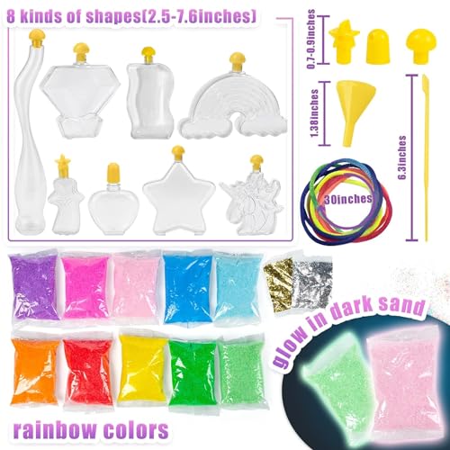 Shindel 36PCS Sand Art Kit, Glitter Sand Kit Kids Sand Toys Rainbow Sand Glow in Dark with Sequins Bottles for DIY Crafts Supplies, Christmas Shindel