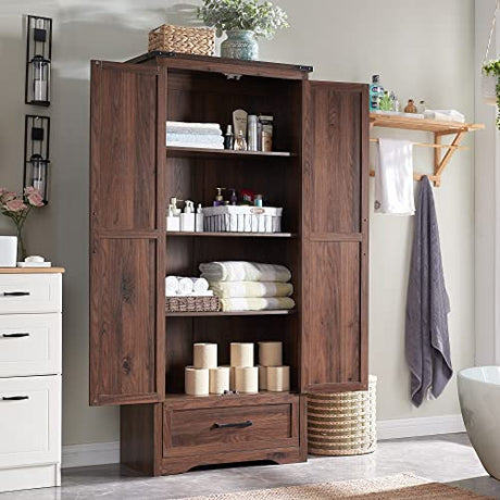 JXQTLINGMU 72" Tall Farmhouse Kitchen Pantry with Adjustable Shelves, Large Wood Storage Cabinet with Drawer & 2 Barn Doors, Versatile Storage for JXQTLINGMU