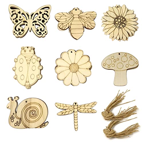 Honbay 40PCS Unfinished Spring Wooden Cutouts Wood Butterfly Sunflower Beetle Flower Dragonfly Mushroom Bee Snail Slices for DIY Crafts Home HONBAY