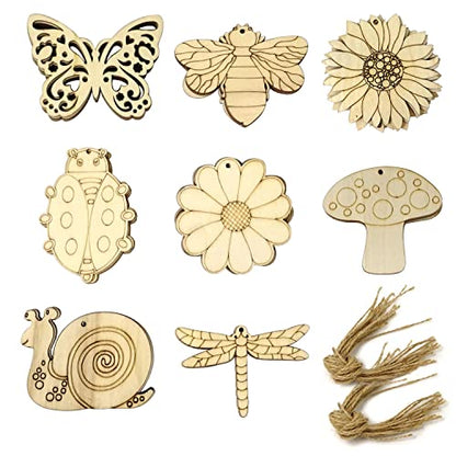 Honbay 40PCS Unfinished Spring Wooden Cutouts Wood Butterfly Sunflower Beetle Flower Dragonfly Mushroom Bee Snail Slices for DIY Crafts Home - WoodArtSupply