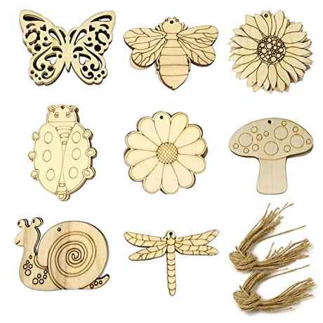 Honbay 40PCS Unfinished Spring Wooden Cutouts Wood Butterfly Sunflower Beetle Flower Dragonfly Mushroom Bee Snail Slices for DIY Crafts Home HONBAY