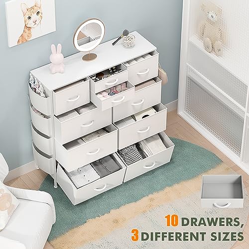 Lulive White Dresser for Bedroom with 10 Drawers, Chest of Drawers with Side Pockets and Hooks, PU Storage Dresser, Organizer Unit for Living Room, - WoodArtSupply