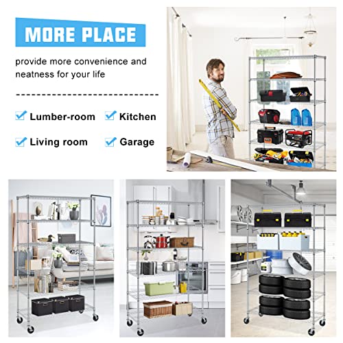 Storage Shelves Heavy Duty, 5999 Lb Capacity Wire Shelving Units Metal Shelf with Wheels NSF Certification 48" L×18" W×72" H Height Adjustable for Dlewmsyic
