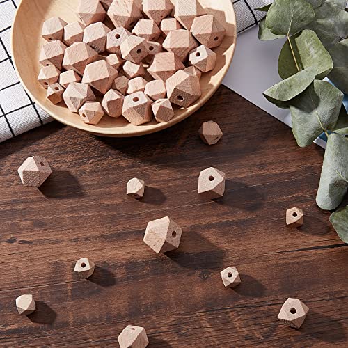 PH PandaHall 50pcs Natural Wooden Beads 5 Sizes Octagon Beads Unfinished Geometric Beads Wood Faceted Spacer Beads for Jewelry Christmas Garland Hair