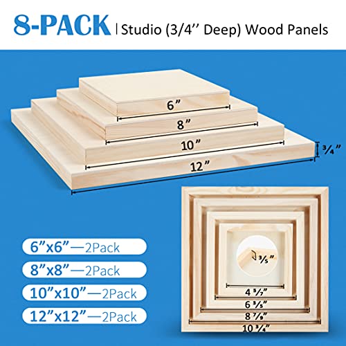 Unfinished Birch Wood Canvas Panels Kit, Falling in Art 8 Pack of 4 Sizes Studio 3/4’’ Deep Cradle Boards for Pouring Art, Crafts, Painting, and More Falling in Art