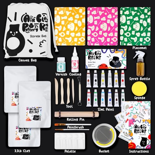 FosterToys Air Dry Clay Pottery Kit for Beginners | DIY Clay Kit for Adults, Sculpting Tools Set & Step-by-Step Guide, 12 Paints, Paintbrush, FosterToys
