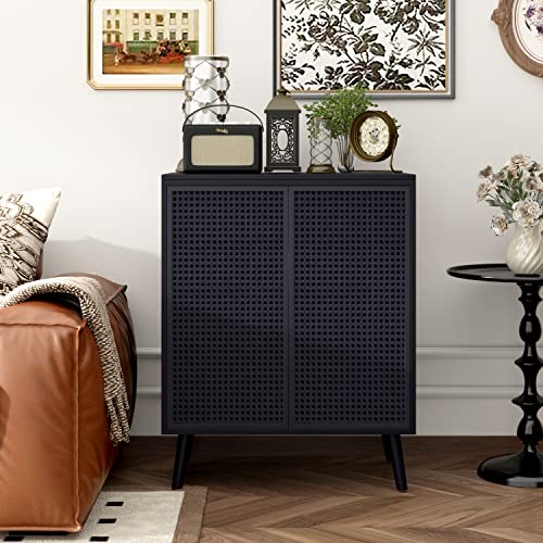 JZXSHD Metal Rattan Accent Cabinet - 2 Door Buffet Storage for Kitchen, Living Room and Hallway, Black JZXSHD