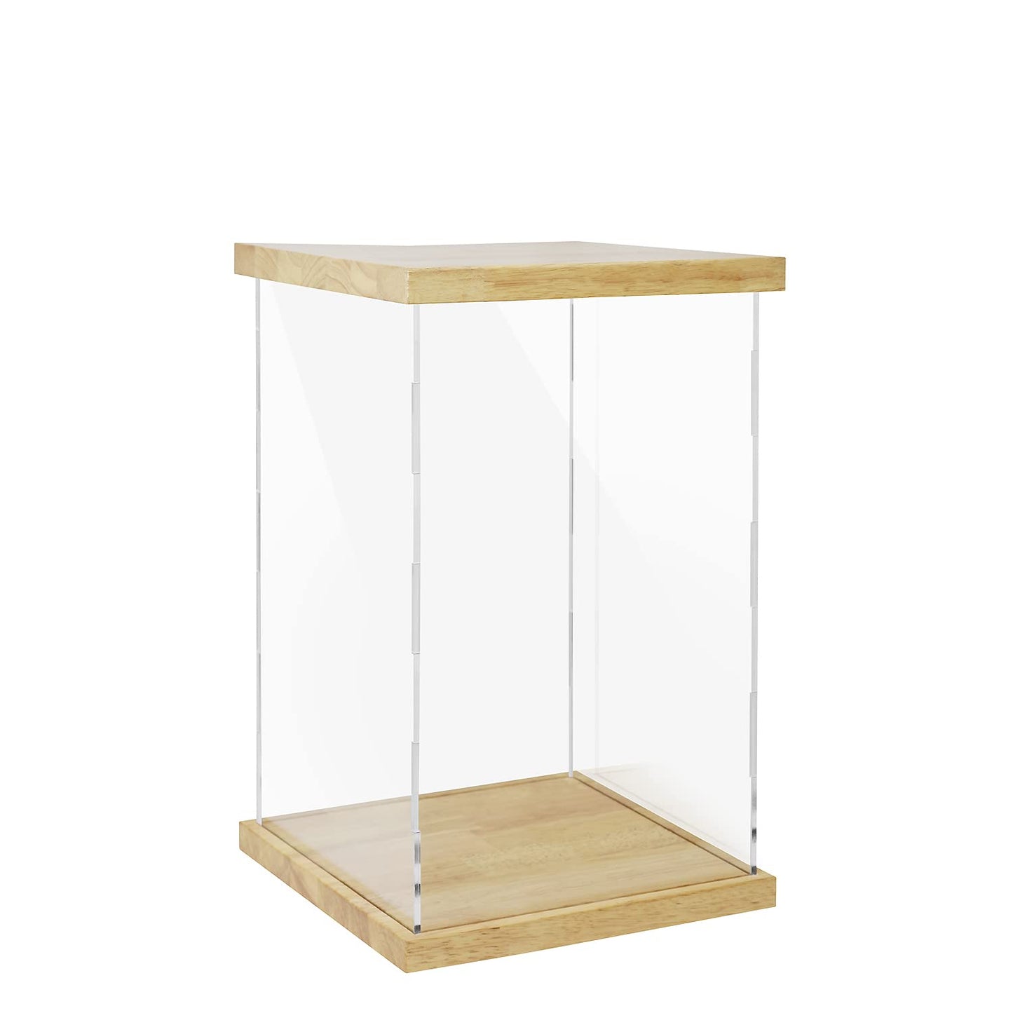 Clear Acrylic Display Case with Solid Butcherblock Base and Top for Trophy, Collectibles, Assemble Cube Display Box Stand Dust Proof Protection