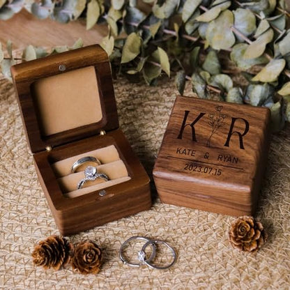 BOWIPOR Wooden Wedding Ring Box Custom Engagement Ring Box - Double Slot Ring Box, Personalized Wedding Ring Bearer, Engraved Proposal Ring Holder, - WoodArtSupply