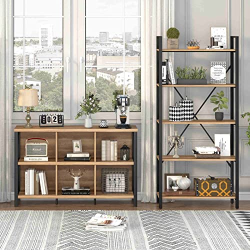 FATORRI 6 Cube Storage Organizer with Shelf, Long Wood and Metal Cubby Bookcase, Industrial Horizontal Bookshelf (Rustic Oak, 47 Inch)